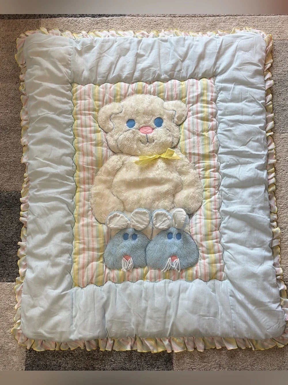 Vtg 80s 90s Baby Blanket Quilt Teddy Bear Bunny Slippers Pastel Ruffle 32x40
